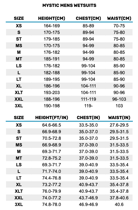 2025 Mystic Mens Wetsuits 3 0 Guida alle taglie